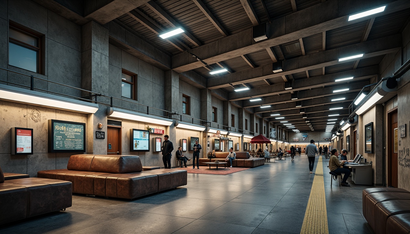 Prompt: Rugged train station interior, brutalist architecture, raw concrete walls, exposed ductwork, industrial metal beams, minimalist seating areas, robust steel benches, weathered wooden accents, distressed leather upholstery, bold geometric patterns, cold atmospheric lighting, high ceilings, urban graffiti, functional signage, modern digital displays, sleek ticketing machines, efficient crowd control systems, urban noise ambiance, cinematic composition, realistic textures, ambient occlusion.