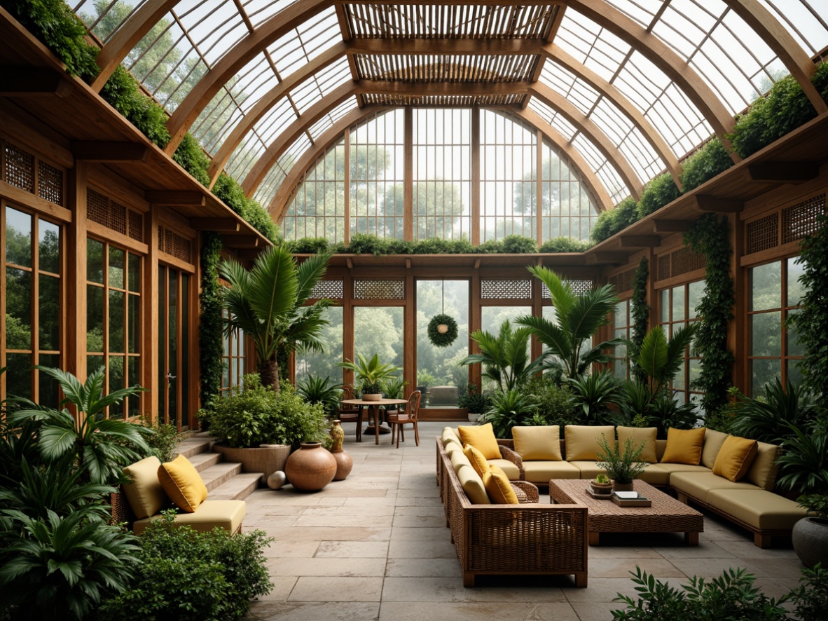 Prompt: Asian-inspired greenhouse, lush tropical plants, natural wood accents, bamboo latticework, woven rattan furniture, earthy terracotta pots, vibrant greenery, misty humid atmosphere, soft warm lighting, shallow depth of field, 3/4 composition, panoramic view, realistic textures, ambient occlusion, curved rooflines, clerestory windows, sliding glass doors, intricately carved wooden screens, ornate ceramic tiles, serene water features, koi ponds, Asian-style garden ornaments.