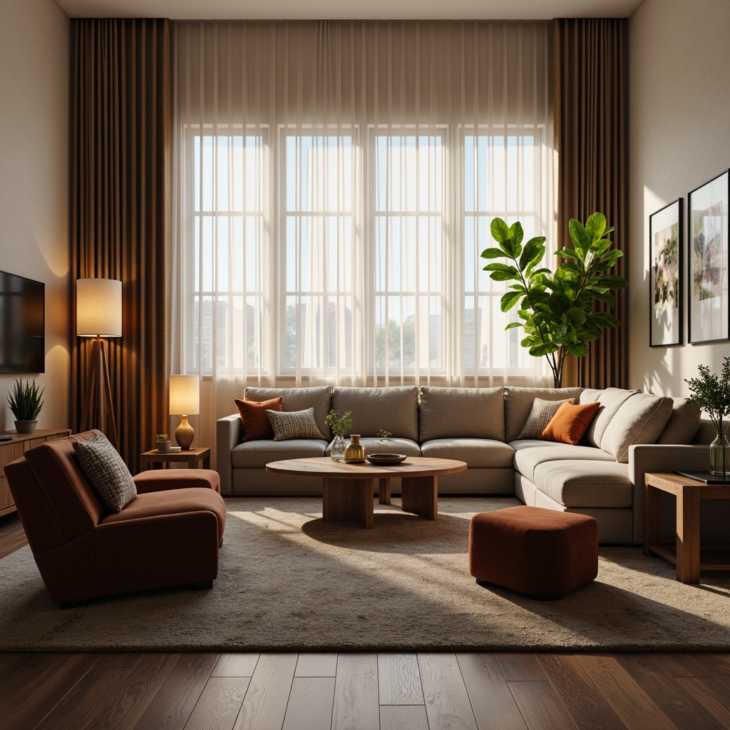 Prompt: Cozy living room, plush sofas, velvet armchairs, wooden coffee tables, soft rugs, warm floor lamps, minimalist decor, neutral color palette, comfortable sectionals, ergonomic designs, high-quality leather upholstery, metallic accents, green plants, natural light, sheer curtains, calm atmosphere, relaxing ambiance, 1/1 composition, warm lighting, shallow depth of field.