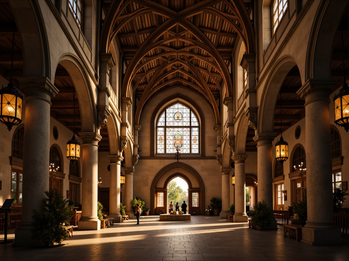 Prompt: Vaulted arches, ribbed ceilings, grandiose columns, ornate carvings, stained glass windows, intricate stone facades, majestic entranceways, regal lanterns, mystical ambiance, warm golden lighting, shallow depth of field, 1/1 composition, symmetrical framing, rich textures, ambient occlusion.