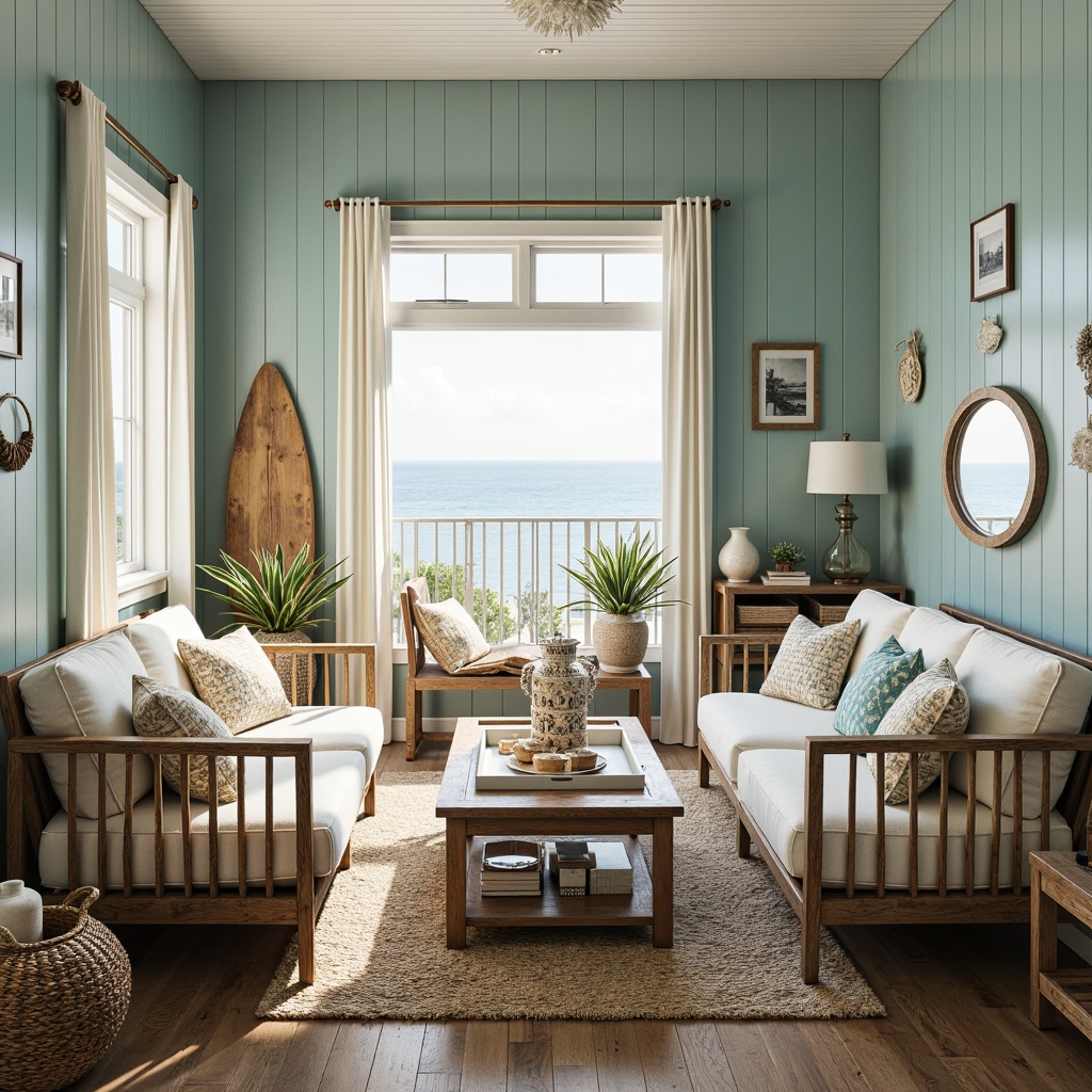 Prompt: Seaside retreat, driftwood furniture, natural linen upholstery, sea-glass vases, coral-inspired patterns, ocean-blue accent walls, woven jute rugs, distressed wood floors, nautical rope details, porthole windows, soft white curtains, beachy textiles, shells decorations, surfboard-inspired decor, tropical plants, warm sunny lighting, 1/1 composition, realistic textures.