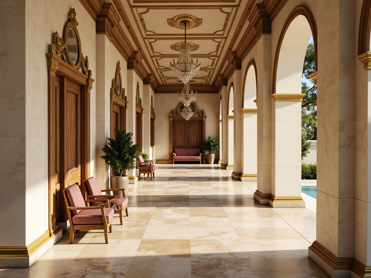 Prompt: Elegant pavilion interior, soft cream walls, warm beige marble floors, ornate gold accents, luxurious velvet upholstery, rich walnut wood paneling, subtle satin draping, delicate crystal chandeliers, classic Greek columns, intricate moldings, refined bronze hardware, understated elegance, afternoon sunlight, soft focus, 1/2 composition, realistic textures, ambient lighting.