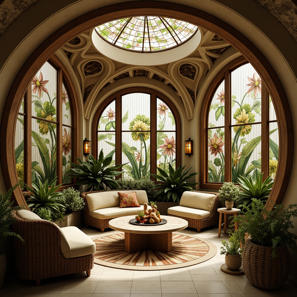 Prompt: Whimsical Art Nouveau interior, sinuous organic lines, flowing floral patterns, natural stone walls, wooden accents, curved furniture, stained glass windows, botanical prints, verdant plants, soft warm lighting, shallow depth of field, 3/4 composition, realistic textures, ambient occlusion.