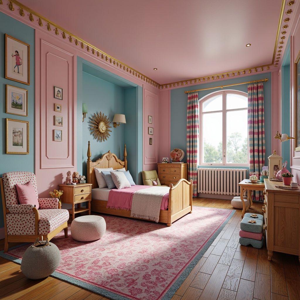 Prompt: Whimsical children's bedroom, rich wood furniture, ornate carvings, plush toys, vibrant color palette, bright pink accents, sky blue walls, creamy white trim, soft golden lighting, intricate patterned rugs, comfortable reading nooks, vintage-inspired decorative frames, playful wallpaper borders, 3D textured elements, warm cozy atmosphere, inviting play areas, kid-friendly storage units, lively polka dot fabrics, fun stripy curtains.