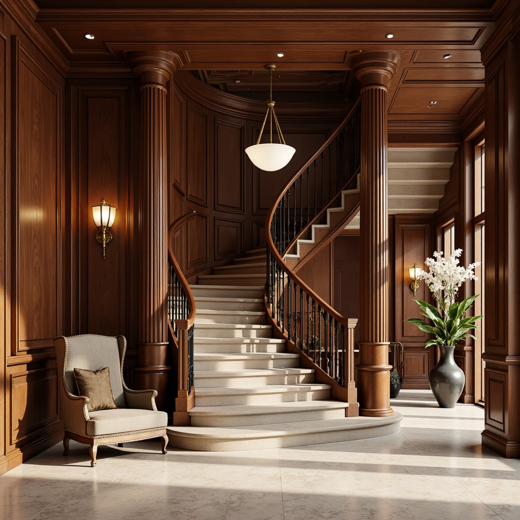 Prompt: Elegant classic staircase, rich dark wood tones, ornate metal balusters, carved wooden handrails, cream-colored marble flooring, soft warm lighting, subtle shadows, luxurious velvet upholstery, intricate carvings, traditional architectural details, refined minimalist decor, stately proportions, grand entrance hall, symmetrical composition, 1/1 aspect ratio, shallow depth of field, realistic textures, ambient occlusion.