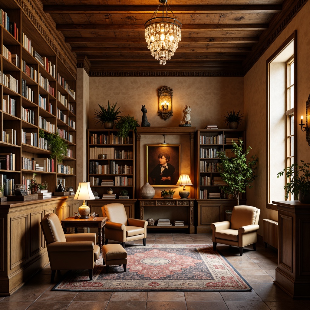 Prompt: Cozy library interior, warm beige walls, dark wood paneling, ornate wooden shelves, vintage leather armchairs, soft golden lighting, crystal chandeliers, bronze sconces, elegant pendant lights, distressed metal lanterns, rustic wooden beams, stone flooring, plush area rugs, floor-to-ceiling bookshelves, classic French country decor, warm earthy tones, natural textures, shallow depth of field, 1/1 composition, softbox lighting, realistic render.