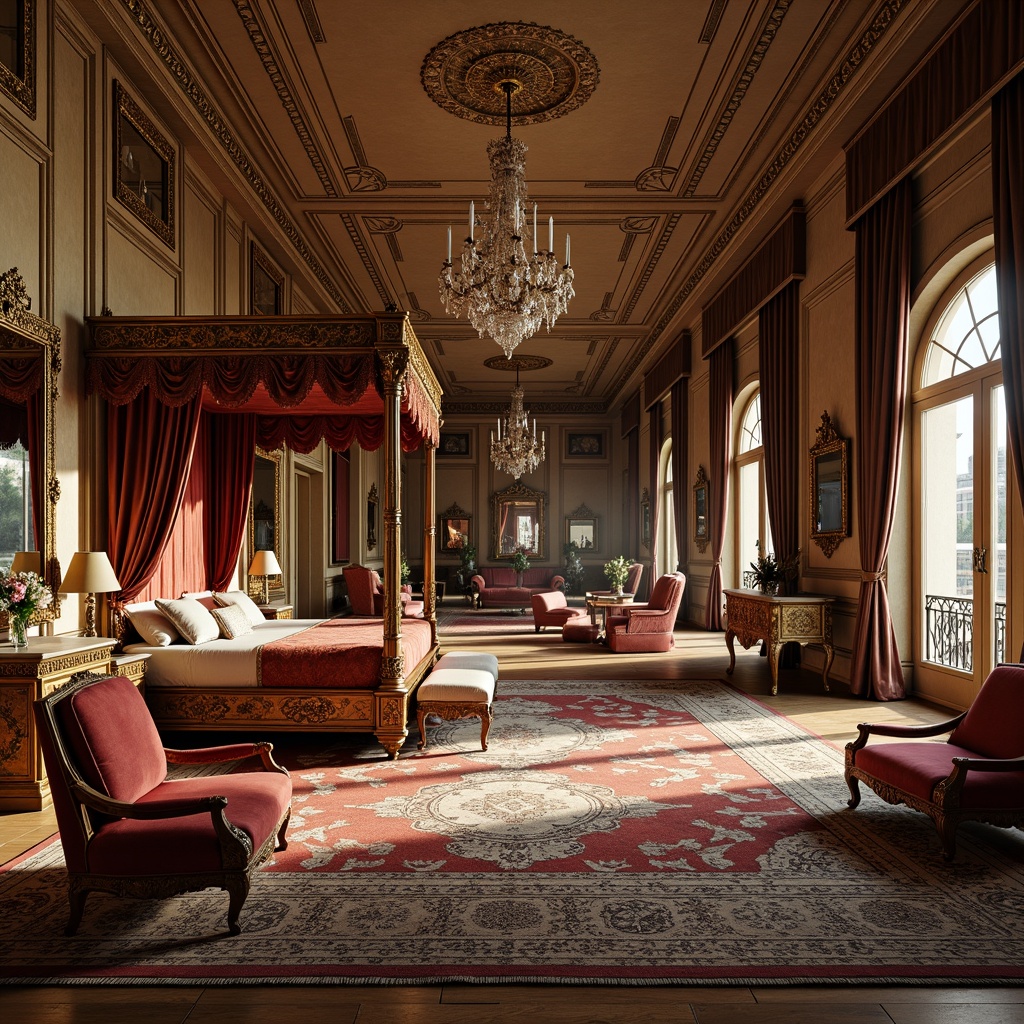 Prompt: Ornate palace interior, lavish furnishings, curved lines, gilded details, velvet upholstery, carved wooden legs, intricately patterned rugs, crystal chandeliers, majestic four-poster beds, tufted ottomans, ornamental mirrors, cabriole chairs, marble-topped consoles, soft warm lighting, shallow depth of field, 1/1 composition, realistic textures, ambient occlusion.