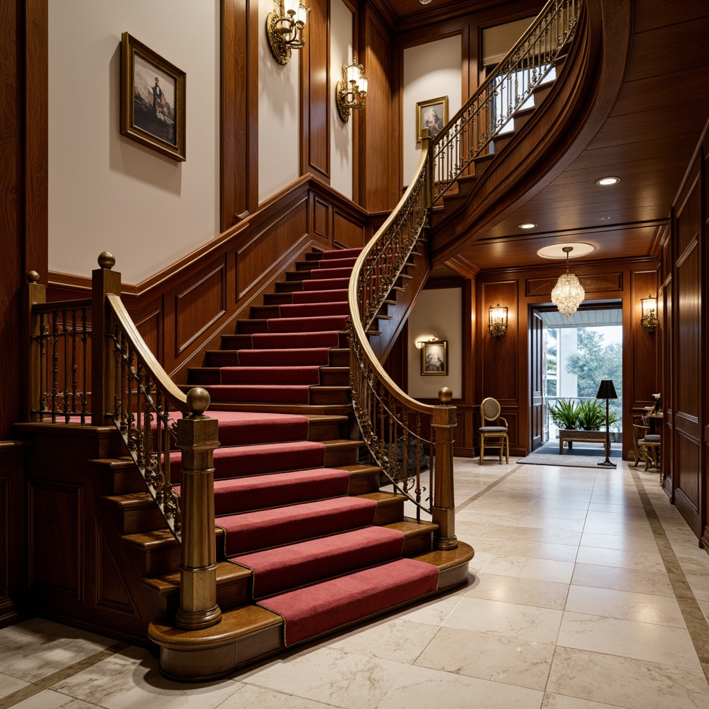 Prompt: Elegant staircase, rich wood tones, ornate carvings, polished banisters, luxurious velvet upholstery, sophisticated bronze fixtures, grand foyer, high ceilings, crystal chandeliers, marble flooring, subtle warm lighting, soft focus, shallow depth of field, 1/1 composition, realistic textures, ambient occlusion.