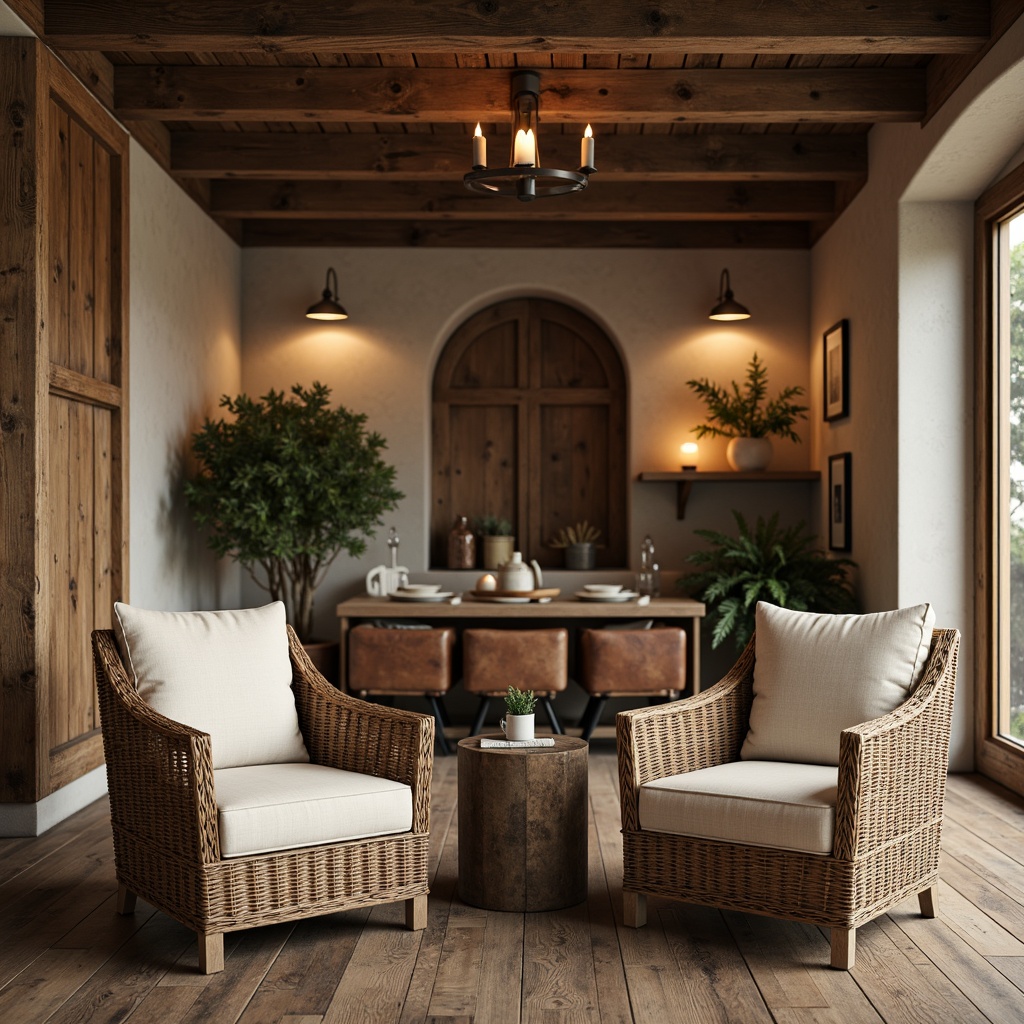 Prompt: Rustic wooden accents, natural stone walls, earthy tones, woven wicker furniture, soft velvet upholstery, vintage leather armchairs, distressed metal decor, reclaimed wood flooring, cozy candle lighting, warm beige color palette, inviting atmosphere, shallow depth of field, 1/2 composition, realistic textures, ambient occlusion, subtle shadowing.