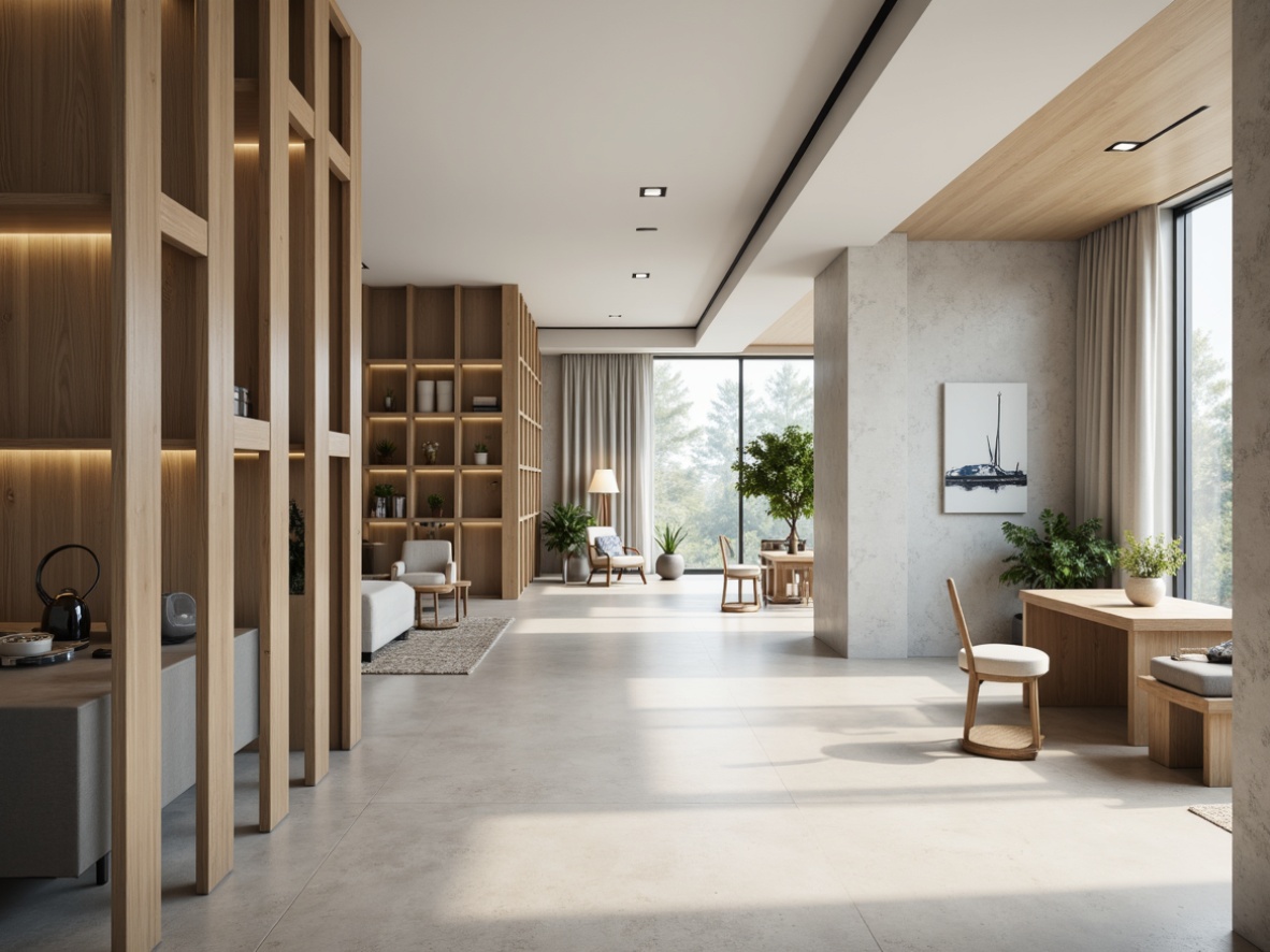 Prompt: Minimalist modern interior, streamline design, sleek lines, monochromatic color scheme, creamy whites, soft grays, calming blues, rich wood accents, polished metal fixtures, ambient warm lighting, shallow depth of field, 3/4 composition, realistic textures, subtle reflective surfaces.