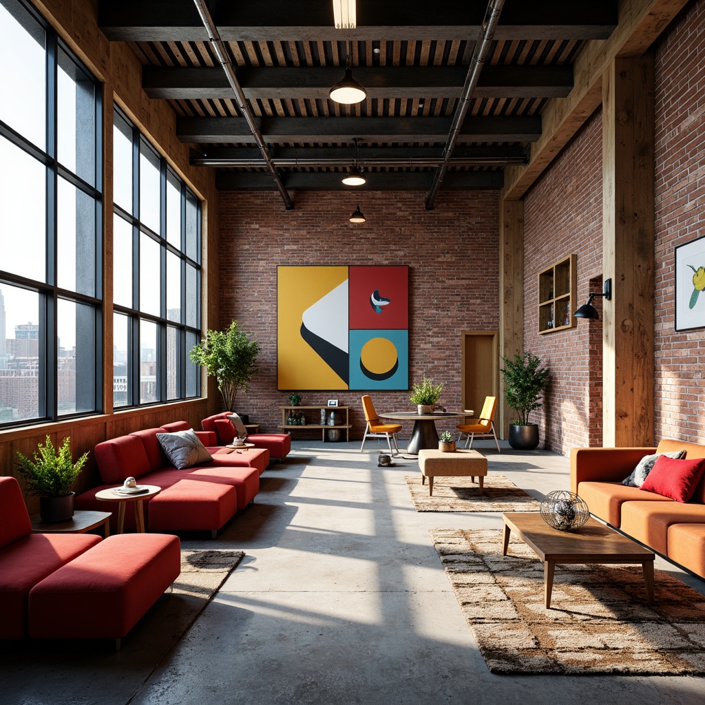 Prompt: Industrial chic, exposed brick walls, metal beams, reclaimed wood accents, pops of bright colors, bold graphic patterns, eclectic furniture, urban loft atmosphere, natural light pouring in, airy open spaces, minimalist decor, functional industrial elements, modern art pieces, sleek steel fixtures, polished concrete floors, vibrant color blocking, abstract geometric shapes, dynamic cityscape views, dramatic shadows, high-contrast lighting, 1/2 composition, cinematic mood.