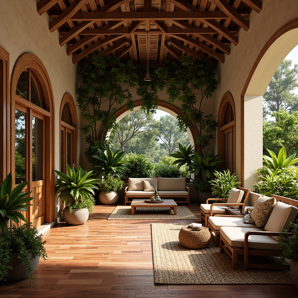 Prompt: Richly patterned tropical hardwood flooring, lush greenery walls, vibrant floral arrangements, natural woven fiber rugs, wooden accents with ornate carvings, warm beige stucco columns, elegant curved lines, large windows with louvered shutters, soft diffused lighting, comfortable wicker furniture, exotic potted plants, intricate stone inlays, warm earthy color palette, cozy intimate atmosphere, 1/2 composition, shallow depth of field, realistic textures, ambient occlusion.