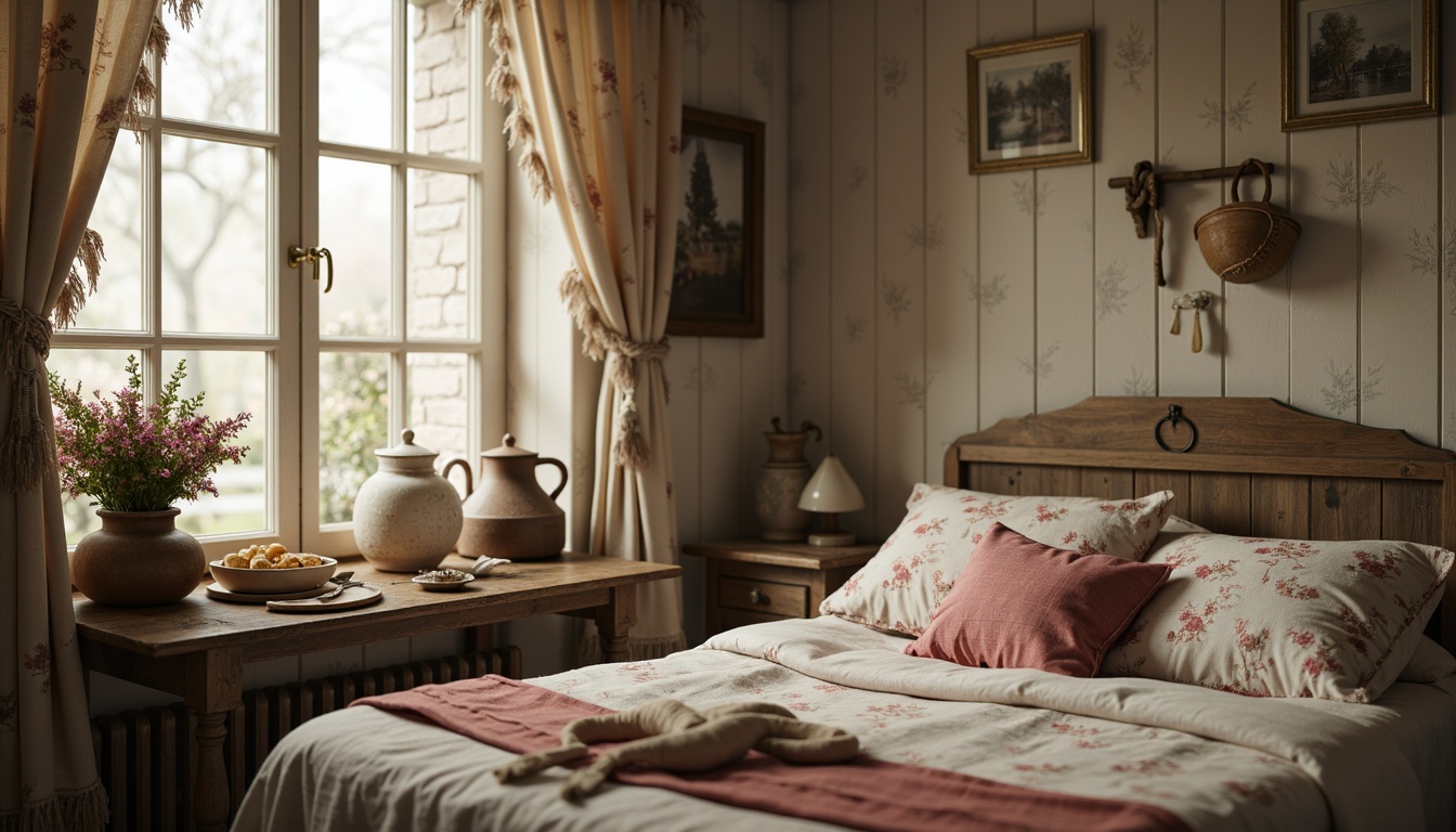 Prompt: Distressed vintage fabrics, soft pastel hues, lace trimmings, ruffled curtains, floral patterns, linen textures, rustic wooden accents, antique kitchenware, warm candlelight, shallow depth of field, 3/4 composition, realistic rendering, ambient occlusion.