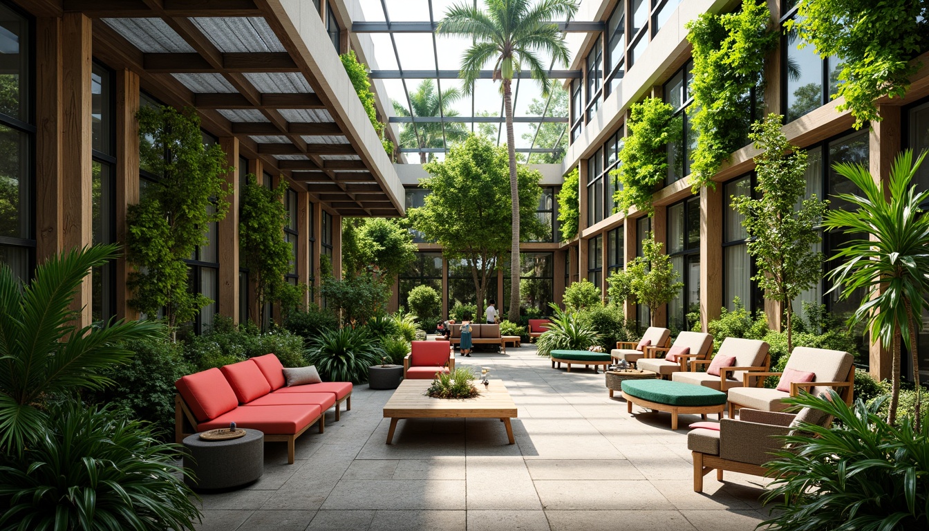 Prompt: Lush greenery, tropical plants, natural light, airy atmosphere, modern minimalist furniture, recycled metal frames, reclaimed wood accents, vibrant colorful textiles, geometric patterns, ergonomic seating, curved lines, sustainable materials, eco-friendly fabrics, living walls, vertical gardens, misting systems, warm ambient lighting, shallow depth of field, 3/4 composition, panoramic view, realistic textures, ambient occlusion.