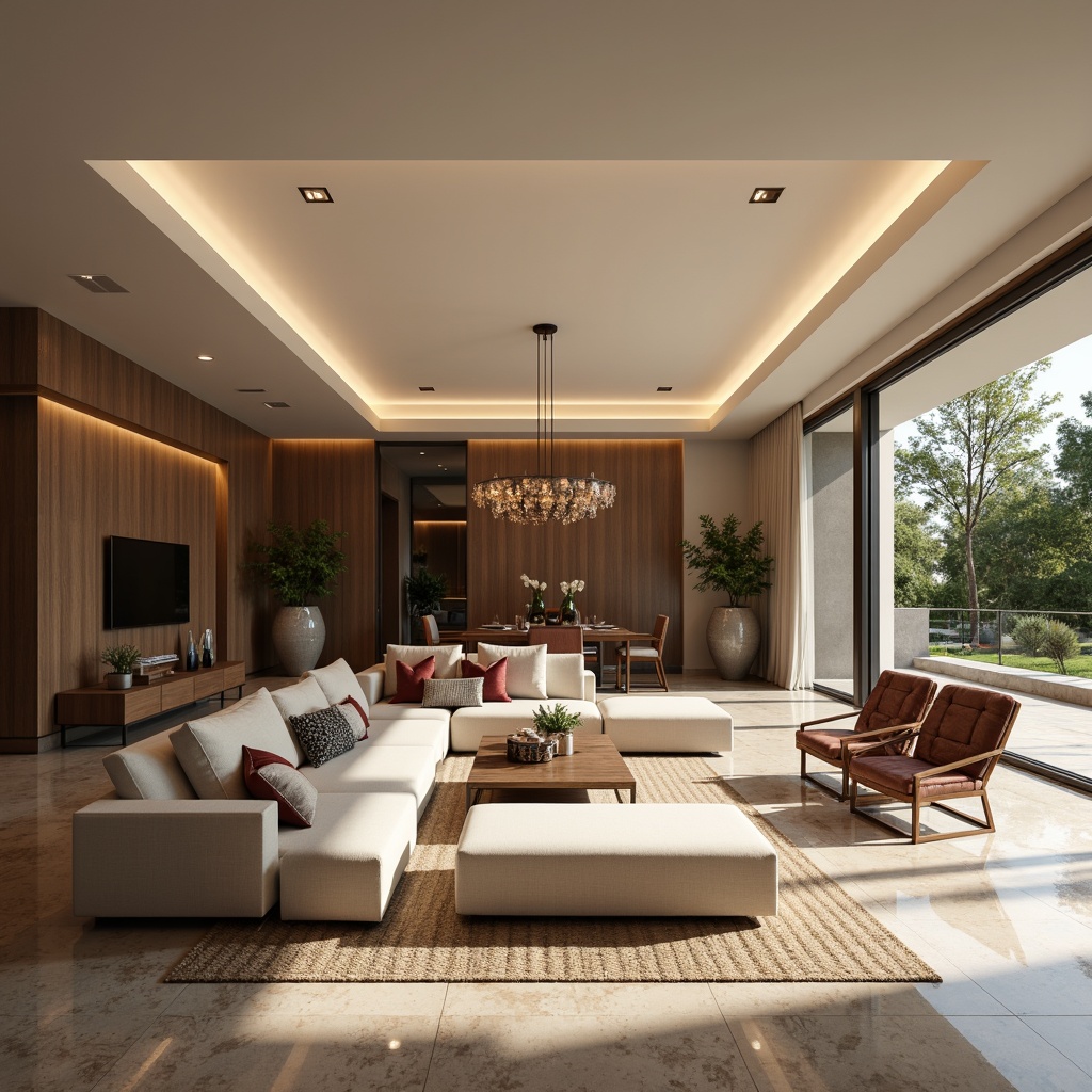 Prompt: Contemporary living room, sleek furniture, polished marble floors, floor-to-ceiling windows, soft warm lighting, layered lighting design, recessed LED lights, pendant lamps, minimalist chandeliers, natural ambient illumination, morning sunlight, subtle shadows, 1/1 composition, realistic textures, ambient occlusion, warm beige walls, rich wood accents, luxurious fabrics, metallic decorations.