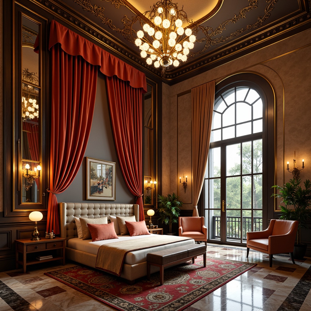 Prompt: Luxurious Art Deco bedroom, lavish velvet drapes, ornate metal fixtures, glamorous crystal chandeliers, geometric patterned rugs, opulent marble floors, richly stained wooden furniture, metallic accents, bold color schemes, statement walls, lavish textiles, intricate moldings, curved lines, elegant archways, sophisticated ambiance, warm golden lighting, shallow depth of field, 1/1 composition, realistic reflections, ambient occlusion.