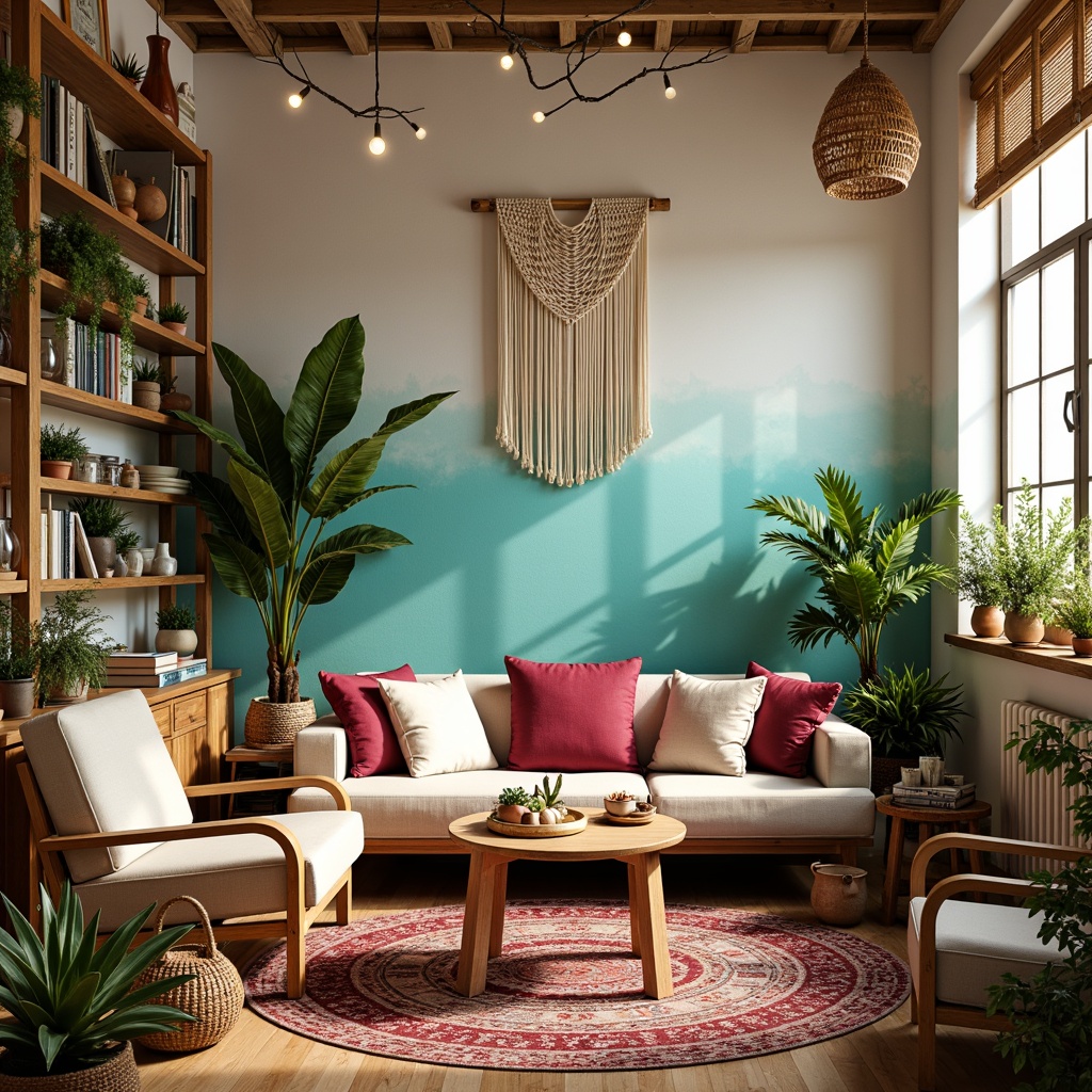 Prompt: Vibrant artistic studio, eclectic furniture, bohemian decor, warm wooden accents, soft pastel colors, creamy whites, rich berry tones, bold turquoise hues, natural textiles, woven baskets, macrame wall hangings, abundant greenery, diffused warm lighting, shallow depth of field, 2/3 composition, whimsical patterns, organic shapes, subtle gradient effects.