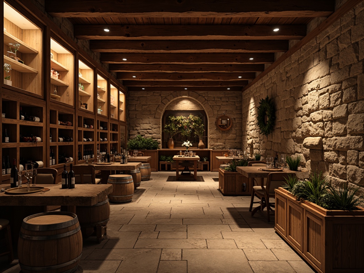 Prompt: Rustic wine cellar, earthy tones, rich wood accents, stone walls, dim warm lighting, wooden barrels, glass enclosures, metallic racks, vintage wine bottles, soft velvety textures, rough-hewn stone floors, natural limestone surfaces, distressed wooden crates, subtle ambient glow, 1/1 composition, intimate atmosphere, realistic reflections, detailed normal maps.