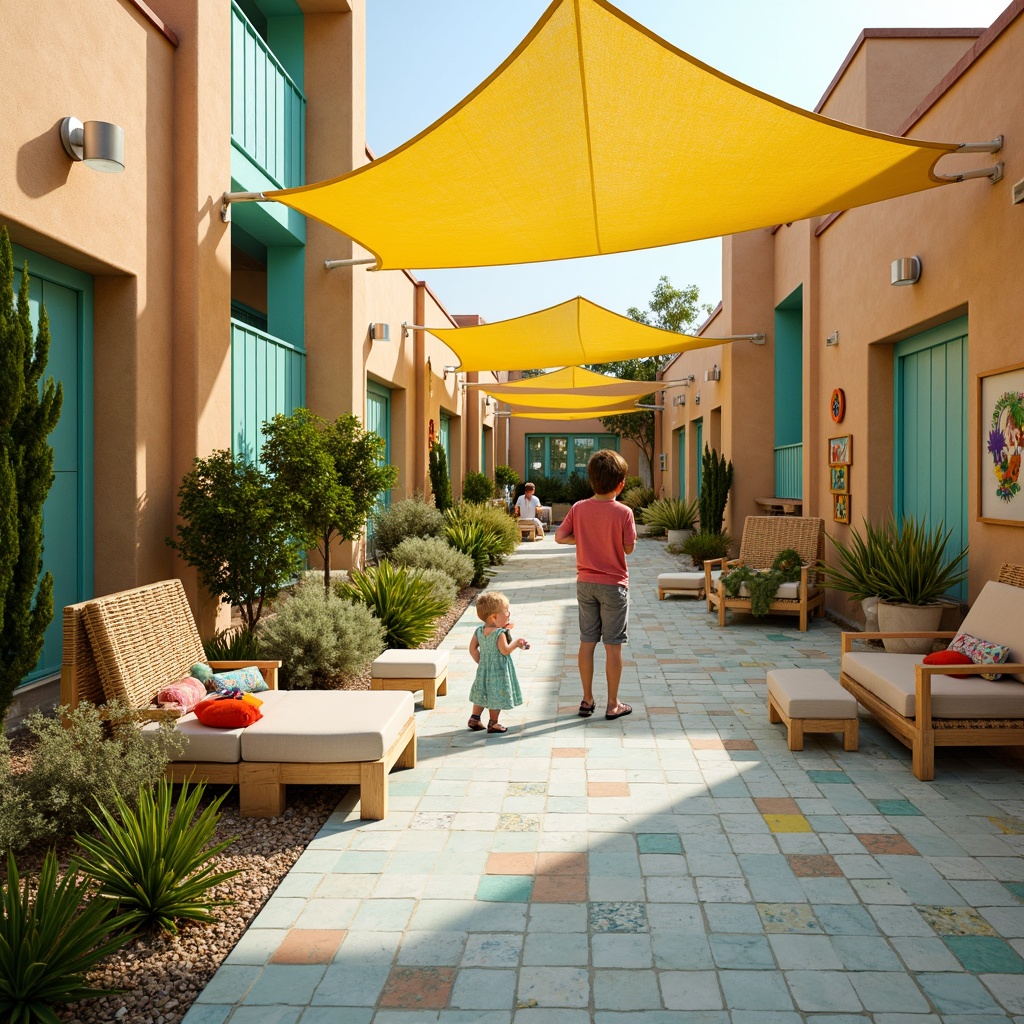 Prompt: Vibrant kindergarten playground, Mediterranean-style architecture, warm beige walls, bright turquoise accents, sunny yellow canopies, soft sage greenery, ocean-inspired blue tiles, natural wood furniture, woven wicker textures, colorful ceramic mosaics, playful alphabet patterns, whimsical sea creature murals, cheerful lanterns, gentle warm lighting, shallow depth of field, 1/1 composition, intimate close-up shots, realistic renderings, ambient occlusion.