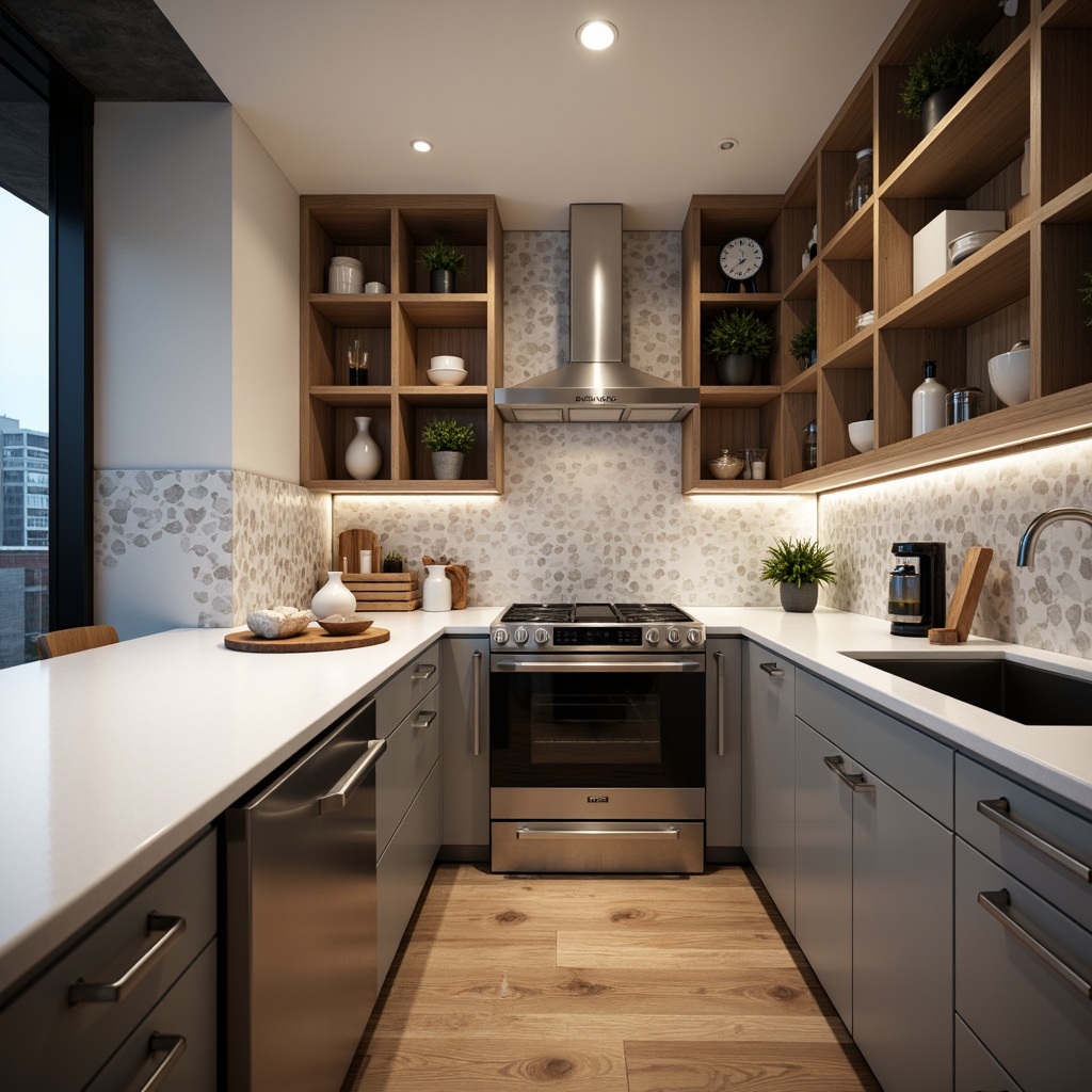 Prompt: Modern pantry, sleek cabinetry, glossy white countertops, metallic accents, subtle LED lighting, polished chrome hardware, minimalist shelving, geometric tile backsplash, matte black appliances, warm wood flooring, industrial-chic decor, urban loft ambiance, shallow depth of field, 1/2 composition, softbox lighting, realistic textures.