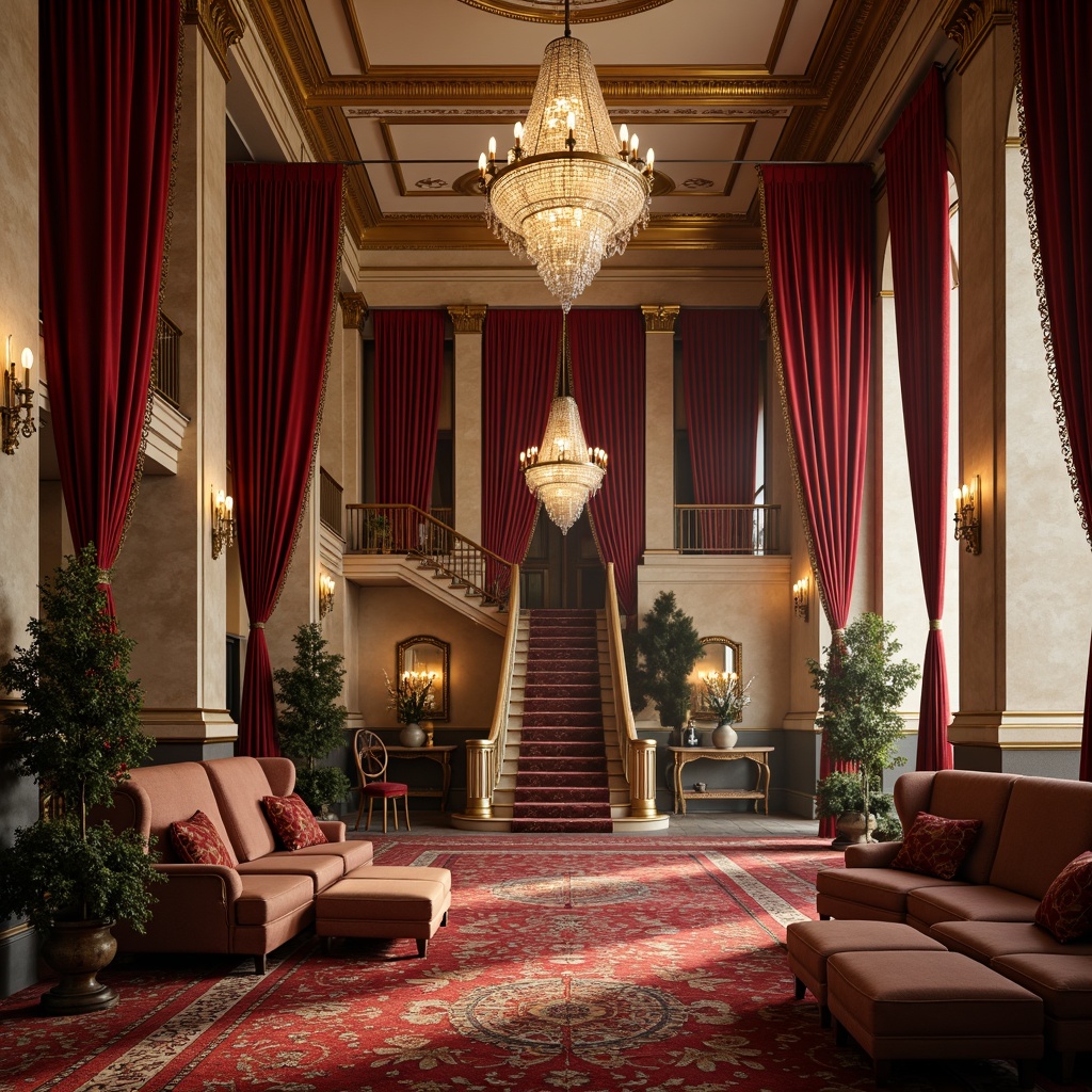 Prompt: Rich velvet drapes, ornate golden accents, luxurious crimson carpets, majestic crystal chandeliers, elegant marble columns, sophisticated neutral walls, lavish furnishings, intricate patterned rugs, opulent high ceilings, grand staircases, warm atmospheric lighting, soft focus photography, cinematic composition, subtle depth of field, 2/3 aspect ratio, classic film grain.