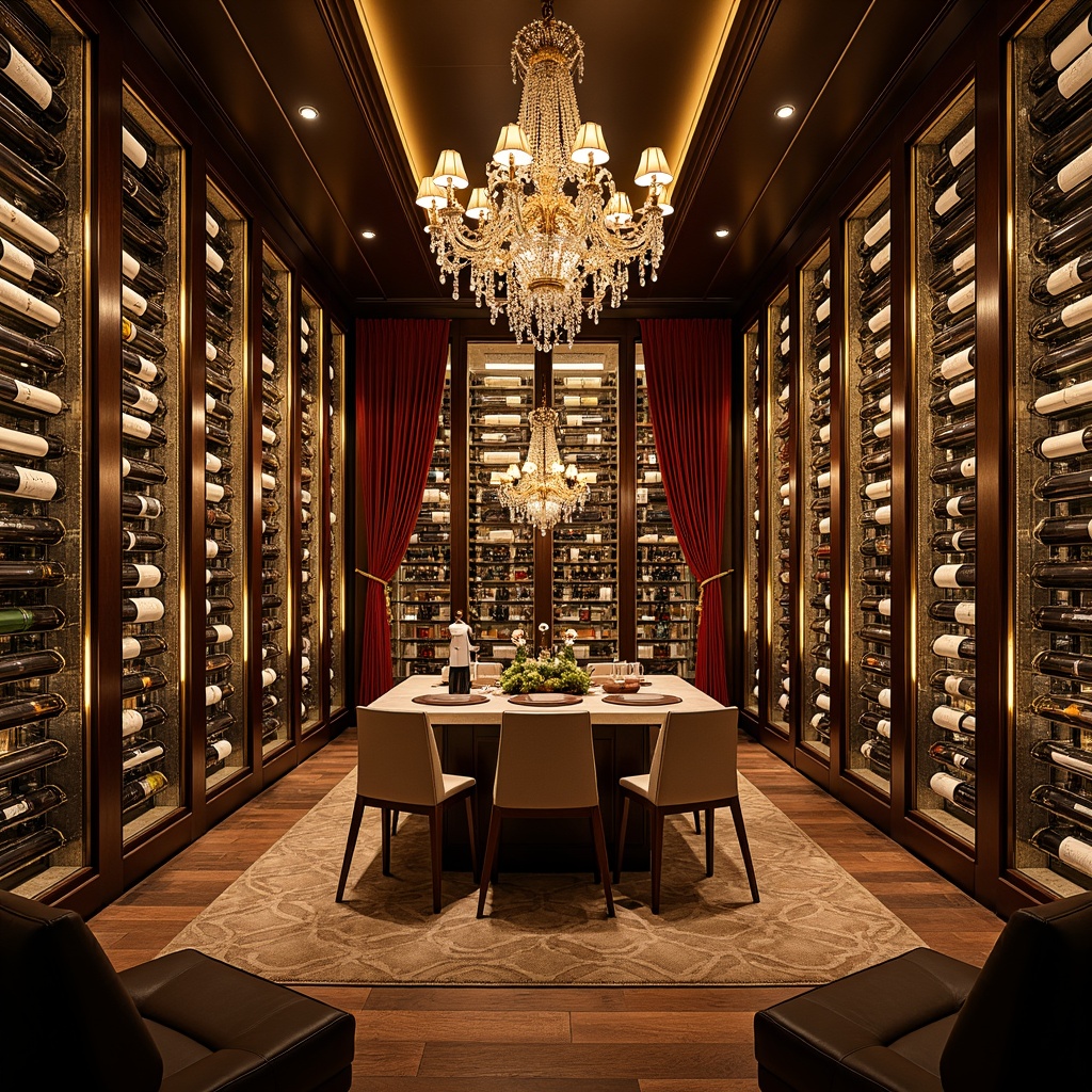 Prompt: Luxurious wine cellar, ornate metalwork, polished chrome accents, crystal chandeliers, warm golden lighting, ambient glow, recessed ceiling fixtures, sleek glass shelves, rich wood tones, intricate geometric patterns, velvet drapes, lavish furnishings, dimmable LED lights, subtle color temperature transitions, dramatic shadowing, symmetrical composition, opulent atmosphere, refined elegance.