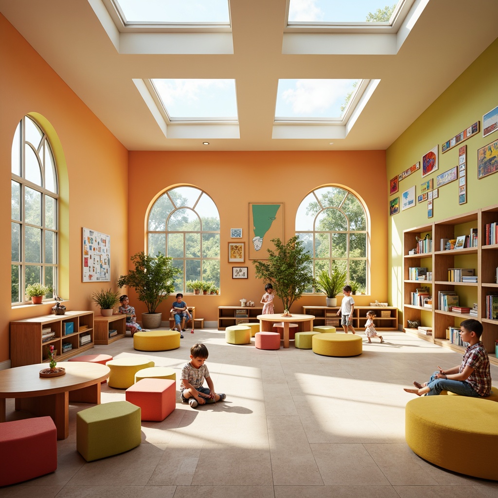 Prompt: Vibrant kindergarten interior, soft warm lighting, pastel color scheme, whimsical furniture, rounded edges, playful textures, natural materials, eco-friendly design, abundant windows, clerestory windows, diffuse overhead lighting, task lighting for activity areas, cozy reading nooks, flexible seating arrangements, interactive display shelves, educational signage, cheerful decorations, stimulating color accents, dynamic shadows, shallow depth of field, 1/2 composition.