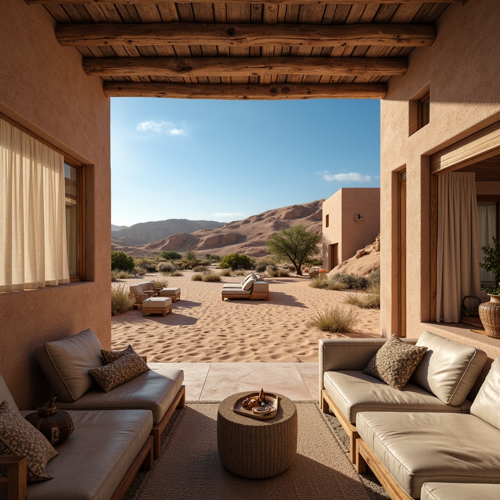 Prompt: Warm desert landscape, sandy dunes, indigo blue skies, rustic sandstone buildings, earthy adobe architecture, natural fiber textiles, woven baskets, rough-hewn wooden accents, distressed leather upholstery, vintage metallic hardware, faded denim fabrics, soft beige curtains, ambient warm lighting, shallow depth of field, 2/3 composition, realistic textures, atmospheric perspective.