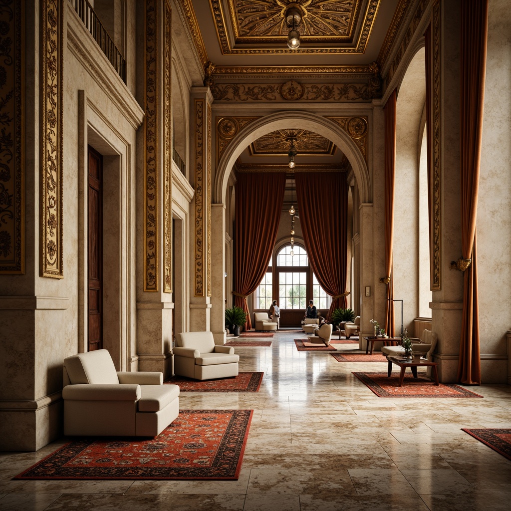 Prompt: Grand neoclassical building, ornate columns, intricately carved stonework, polished marble floors, luxurious velvet drapes, gilded moldings, ornamental plasterwork, textured stucco walls, rusticated bases, fluted pilasters, acanthus leaf motifs, richly patterned rugs, warm golden lighting, soft focus, atmospheric perspective, 1/2 composition, realistic reflections, detailed normal maps.