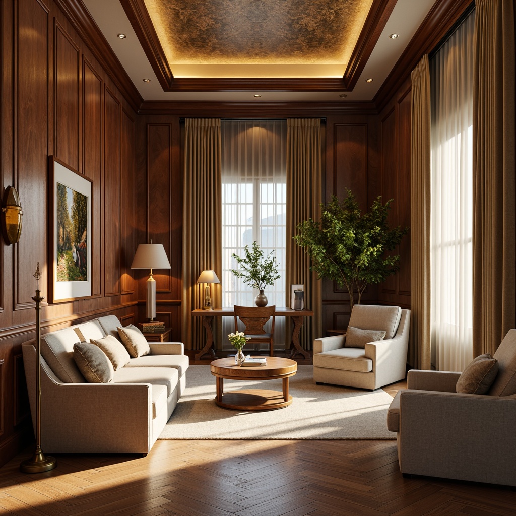 Prompt: Rich walnut paneling, ornate moldings, classic columns, soft golden lighting, elegant drapery, subtle textures, neutral color palette, sophisticated wallpaper, framed artwork, luxurious fabrics, traditional furniture, warm beige tones, high ceilings, large windows, natural light, serene atmosphere, 1/1 composition, realistic rendering, detailed ornaments.