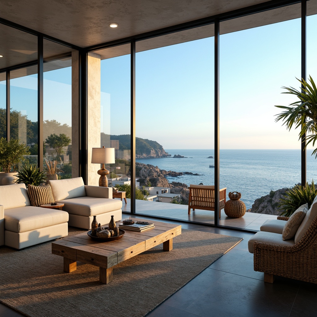 Prompt: Coastal living room, ocean views, large windows, glass accents, reflective surfaces, sleek modern furniture, driftwood decor, sea salt colors, beachy textures, natural fabrics, wavy patterns, ambient lighting, soft warm glow, shallow depth of field, 1/1 composition, realistic reflections, subtle color grading.