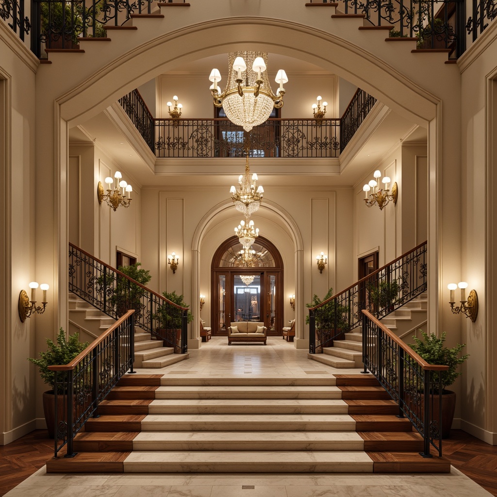 Prompt: Grand staircase, ornate balusters, intricately carved railings, polished wooden steps, marble flooring, luxurious carpeting, majestic chandeliers, elegant wall sconces, refined classicism architecture, symmetrical composition, dramatic archways, imposing columns, ornamental moldings, subtle lighting effects, warm beige tones, rich wood textures, sophisticated color palette, harmonious proportions, 3/4 perspective view, realistic reflections, ambient occlusion.