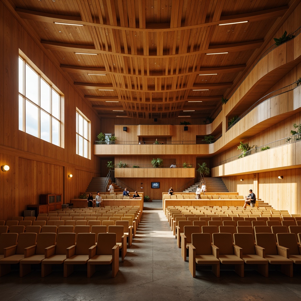 Prompt: Warmly lit mid-century modern auditorium, wooden paneling, minimalist decor, retro-style seating, curved lines, geometric patterns, warm beige tones, rich walnut accents, suspended ceiling lamps, floor-to-ceiling windows, natural daylight, soft diffused lighting, subtle shadows, 1/1 composition, cinematic framing, high-contrast ratio, dramatic spotlighting, ambient occlusion, realistic textures.