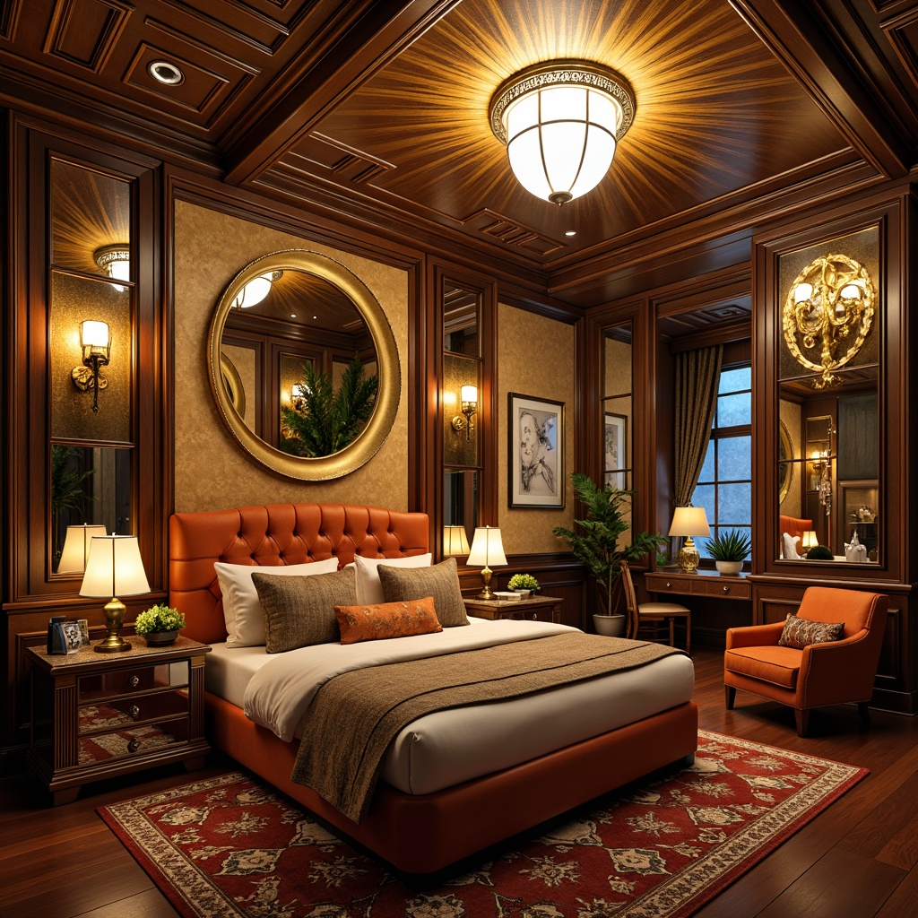 Prompt: Luxurious dorm room, Art Deco furniture, metallic accents, bold geometric patterns, rich velvet fabrics, ornate mirrors, statement lighting fixtures, glamorous Hollywood Regency beds, tufted headboards, sleek nightstands, curved lines, opulent textiles, jewel-toned colors, lavish accessories, intricate moldings, sunburst motifs, elegant desk lamps, sophisticated storage units, refined wood tones, vintage-inspired decor, warm atmospheric lighting, shallow depth of field, 1/1 composition, realistic textures.