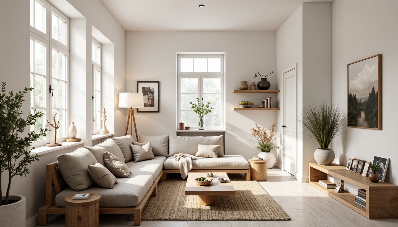 Prompt: Cozy Nordic living room, large windows, soft natural light, minimal decor, light wood tones, beige sofas, woven textiles, rustic wooden accents, modern Scandinavian furniture, bright white walls, airy atmosphere, gentle shadows, warm ambient lighting, 1/1 composition, shallow depth of field, realistic textures, subtle color palette.