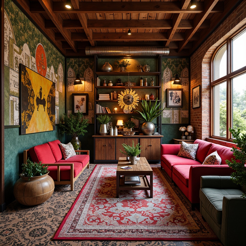 Prompt: Vibrant bohemian boutique, rich velvet fabrics, distressed wood accents, ornate metalwork, eclectic art pieces, plush area rugs, Moroccan-inspired tiles, bold graffiti murals, lush greenery, warm golden lighting, shallow depth of field, 1/1 composition, realistic textures, ambient occlusion.