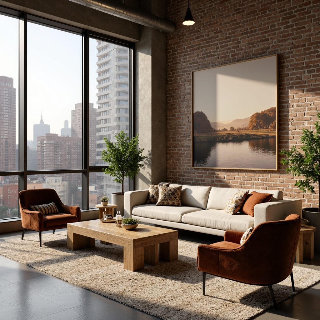 Prompt: Elegant living room, plush sofas, velvet armchairs, reclaimed wood coffee tables, minimalist metal legs, soft golden lighting, natural fiber rugs, abstract artwork, floor-to-ceiling windows, cityscape views, urban modern architecture, industrial chic decor, exposed brick walls, polished concrete floors, lush greenery, potted plants, warm beige tones, cozy throw blankets, geometric patterned pillows, 3/4 composition, shallow depth of field, softbox lighting, realistic textures, ambient occlusion.