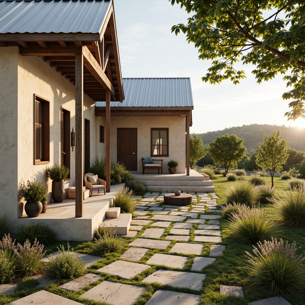 Prompt: Rustic farmhouse, vintage decor, earthy tones, warm beige walls, distressed wood accents, soft sage greenery, creamy whites, weathered metal roofs, natural stone pathways, blooming wildflowers, sunny afternoon, gentle warm lighting, shallow depth of field, 2/3 composition, realistic textures, ambient occlusion.