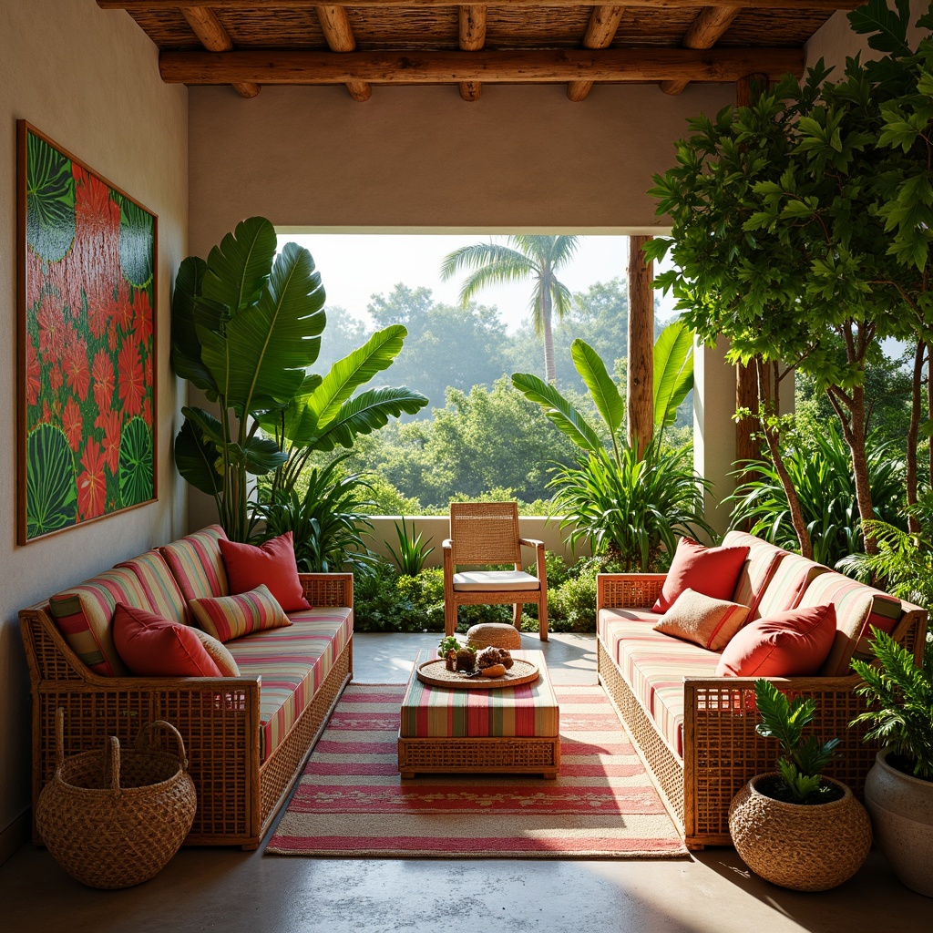 Prompt: Vibrant tropical family room, lush greenery, exotic plants, wicker furniture, rattan decorations, colorful throw pillows, striped upholstery, natural fiber textiles, woven baskets, jute rugs, reclaimed wood accents, bamboo wall coverings, tropical leaf patterns, bright coral colors, sunny day, warm soft lighting, shallow depth of field, 1/1 composition, intimate atmosphere, cozy seating area, relaxed vibes.