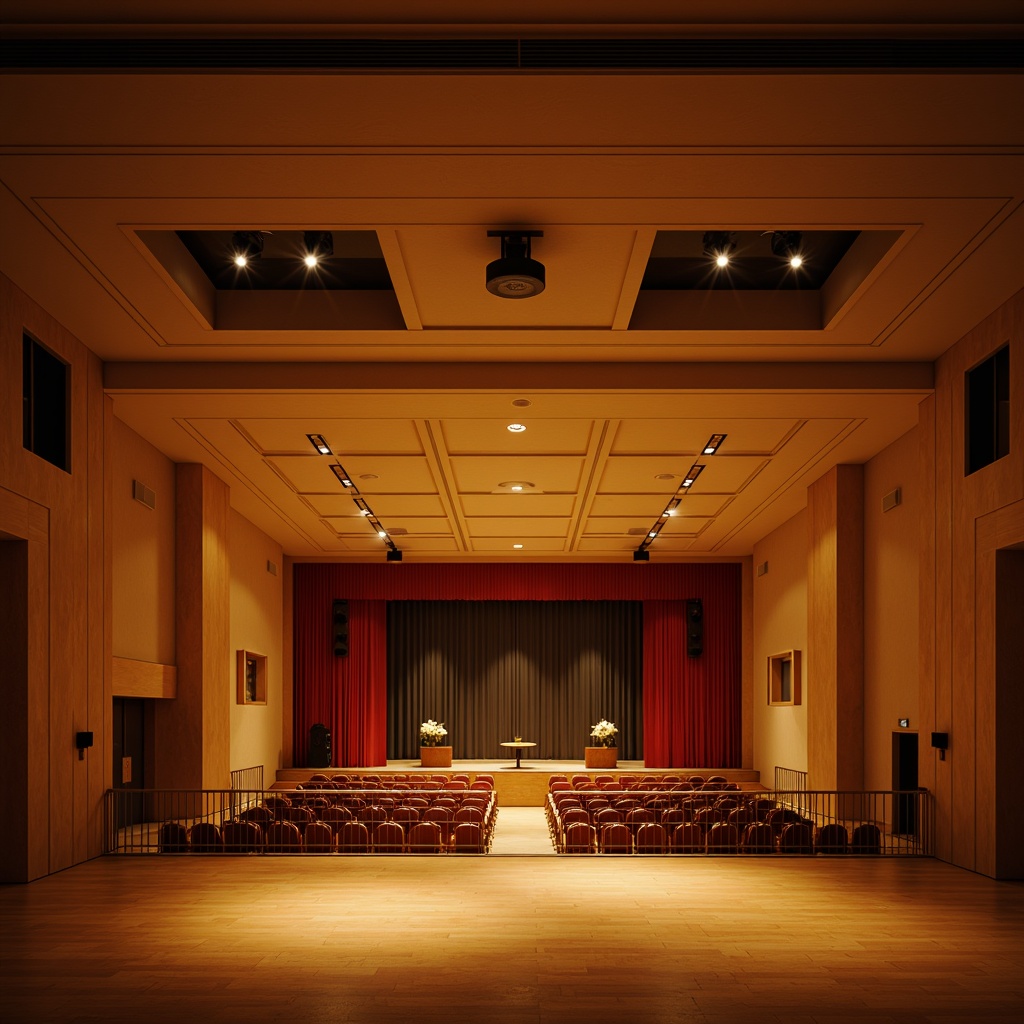 Prompt: Warm golden lighting, mid-century modern auditorium, wooden accents, minimal ornamentation, sleek lines, geometric patterns, suspended ceiling fixtures, recessed stage lighting, dramatic spotlights, warm beige walls, polished wooden floors, vintage-inspired seating, plush red velvet curtains, ornate metal railings, subtle color palette, soft warm glow, high contrast ratio, cinematic atmosphere, symmetrical composition, central focal point, realistic textures, ambient occlusion.