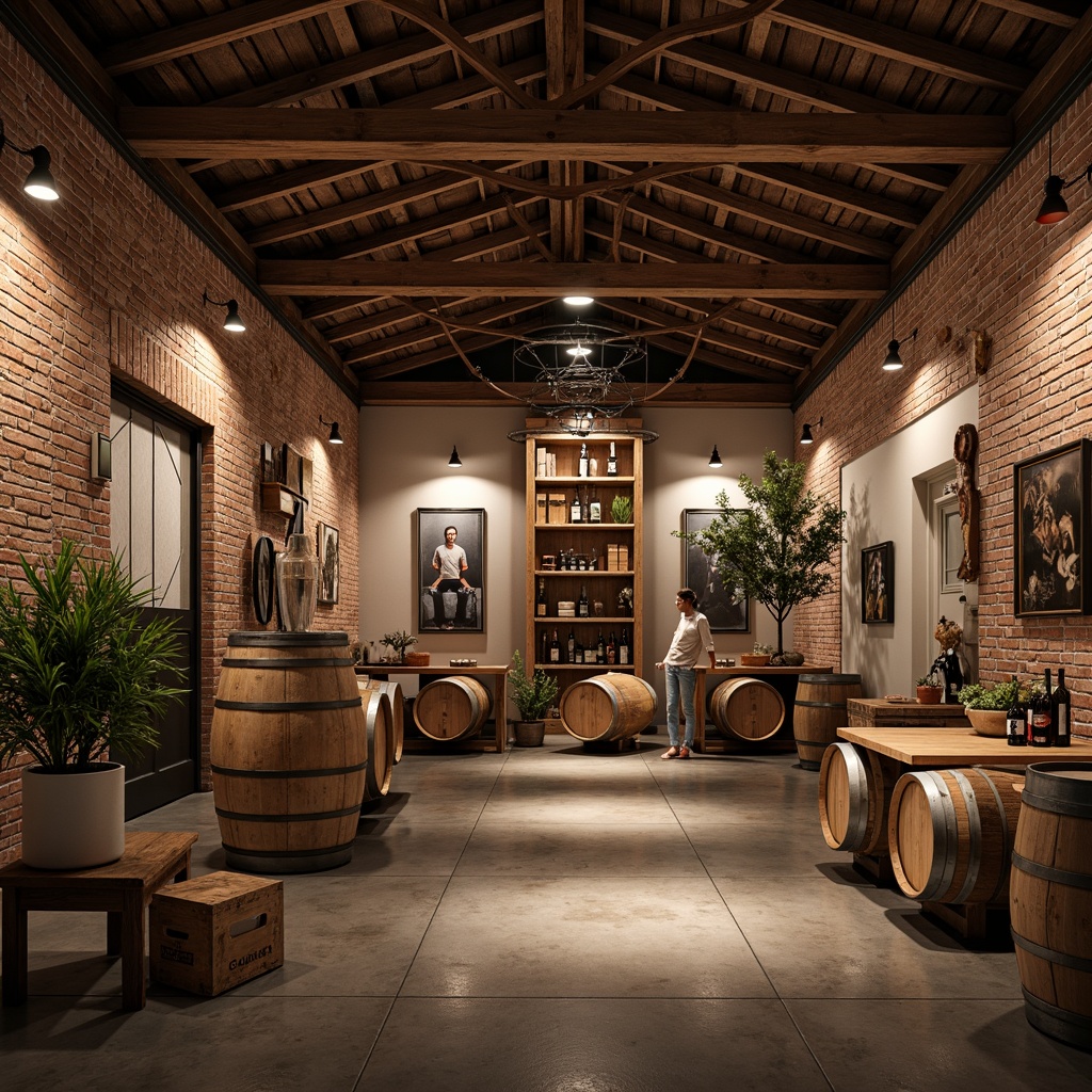 Prompt: Rustic winery interior, exposed brick walls, metal beams, reclaimed wood accents, vintage wine barrels, industrial-style lighting fixtures, concrete floors, wooden crates, wine-making equipment displays, earthy color palette, warm ambient lighting, shallow depth of field, 1/2 composition, realistic textures, ambient occlusion.