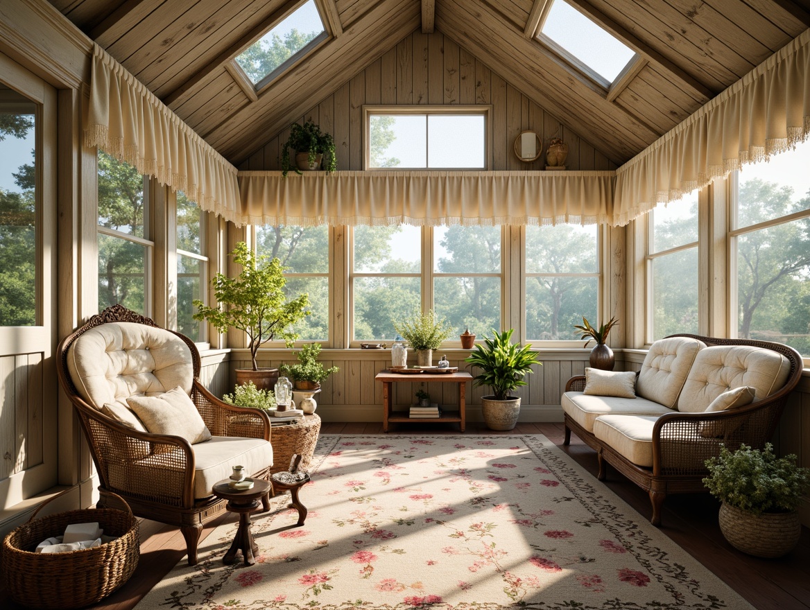 Prompt: Vintage sunroom, distressed wood accents, soft pastel hues, floral patterned textiles, ruffled curtains, linen upholstery, natural fiber rugs, woven baskets, antique furniture pieces, ornate metal frames, lace trimmings, rustic wooden beams, skylight windows, warm sunny day, soft diffused lighting, shallow depth of field, 1/1 composition, cozy atmosphere, realistic textures, ambient occlusion.