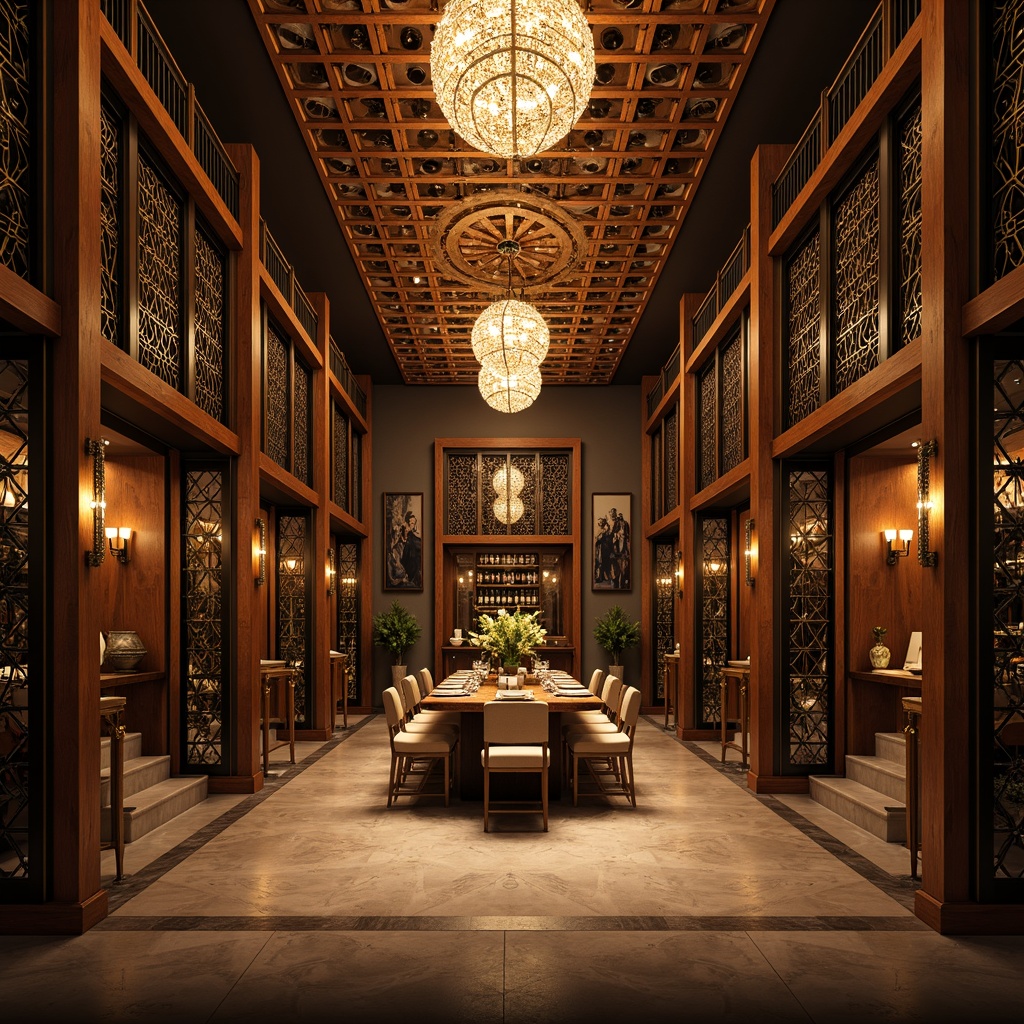 Prompt: Luxurious wine cellar, ornate metalwork, geometric patterns, lavish chandeliers, warm golden lighting, soft ambient glow, rich wood tones, polished marble floors, intricate moldings, opulent furnishings, velvet drapes, bronze accents, crystal fixtures, dramatic spotlights, moody shadows, atmospheric fog effects, low-key backlighting, symmetrical composition, 1/2 framing, cinematic mood, realistic reflections.