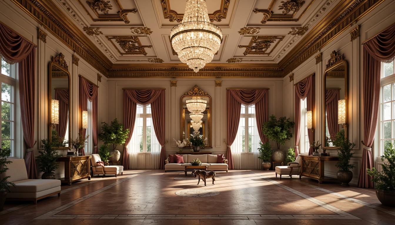 Prompt: Opulent home gym, grandiose chandeliers, ornate mirrors, lavish furnishings, rich wood tones, intricately carved moldings, gilded accents, soft pastel hues, velvet drapes, Baroque-inspired archways, dramatic ceiling treatments, crystal beaded fixtures, luxurious textiles, tufted upholstery, antique exercise equipment, elegant free weights, polished metal surfaces, warm atmospheric lighting, shallow depth of field, 1/1 composition, realistic reflections, ambient occlusion.