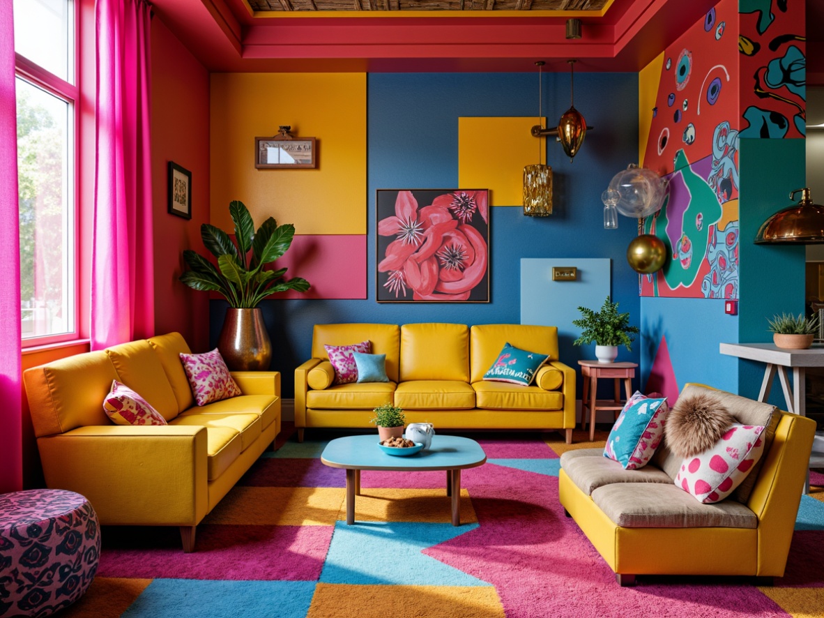 Prompt: Vibrant postmodern interior, eclectic furniture, bold graphic patterns, bright pop art colors, neon pink accents, electric blue hues, sunny yellow tones, retro-inspired textures, glossy metallic surfaces, iridescent glass decorations, playful geometric shapes, abstract expressionist artwork, whimsical lighting fixtures, dramatic shadows, high-contrast color blocking, 2/3 composition, warm and cool tone mixtures, realistic material reflections, ambient occlusion.