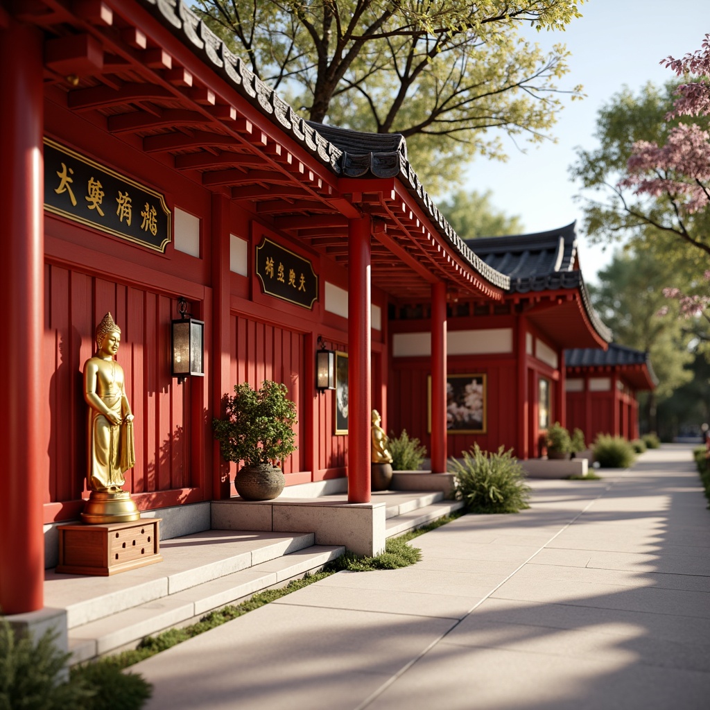 Prompt: Vibrant red pagoda roofs, golden Buddha statues, intricately carved wooden doors, ornate lanterns, auspicious Chinese characters, rich vermilion walls, delicate ceramic tiles, subtle cream-colored stone floors, serene natural surroundings, lush greenery, blooming cherry blossoms, warm soft lighting, shallow depth of field, 1/2 composition, realistic textures, ambient occlusion.