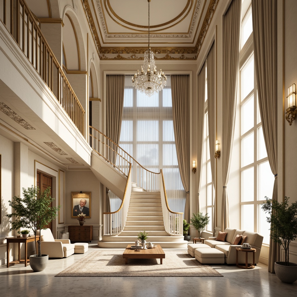 Prompt: Elegant interior space, ornate moldings, neoclassical architecture, cream-colored walls, high ceilings, intricate carvings, gilded accents, luxurious furnishings, velvet upholstery, crystal chandeliers, marble floors, grand staircases, sweeping archways, tall windows, sheer curtains, soft diffused lighting, 1/1 composition, shallow depth of field, realistic textures, ambient occlusion.