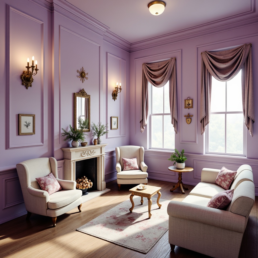 Prompt: Soft lavender walls, delicate purple accents, whimsical floral patterns, elegant cream furniture, refined golden lighting fixtures, ornate wooden decorations, vintage distressed finishes, subtle pastel shades, romantic soft focus, warm afternoon sunlight, shallow depth of field, 1/2 composition, dreamy ethereal atmosphere.