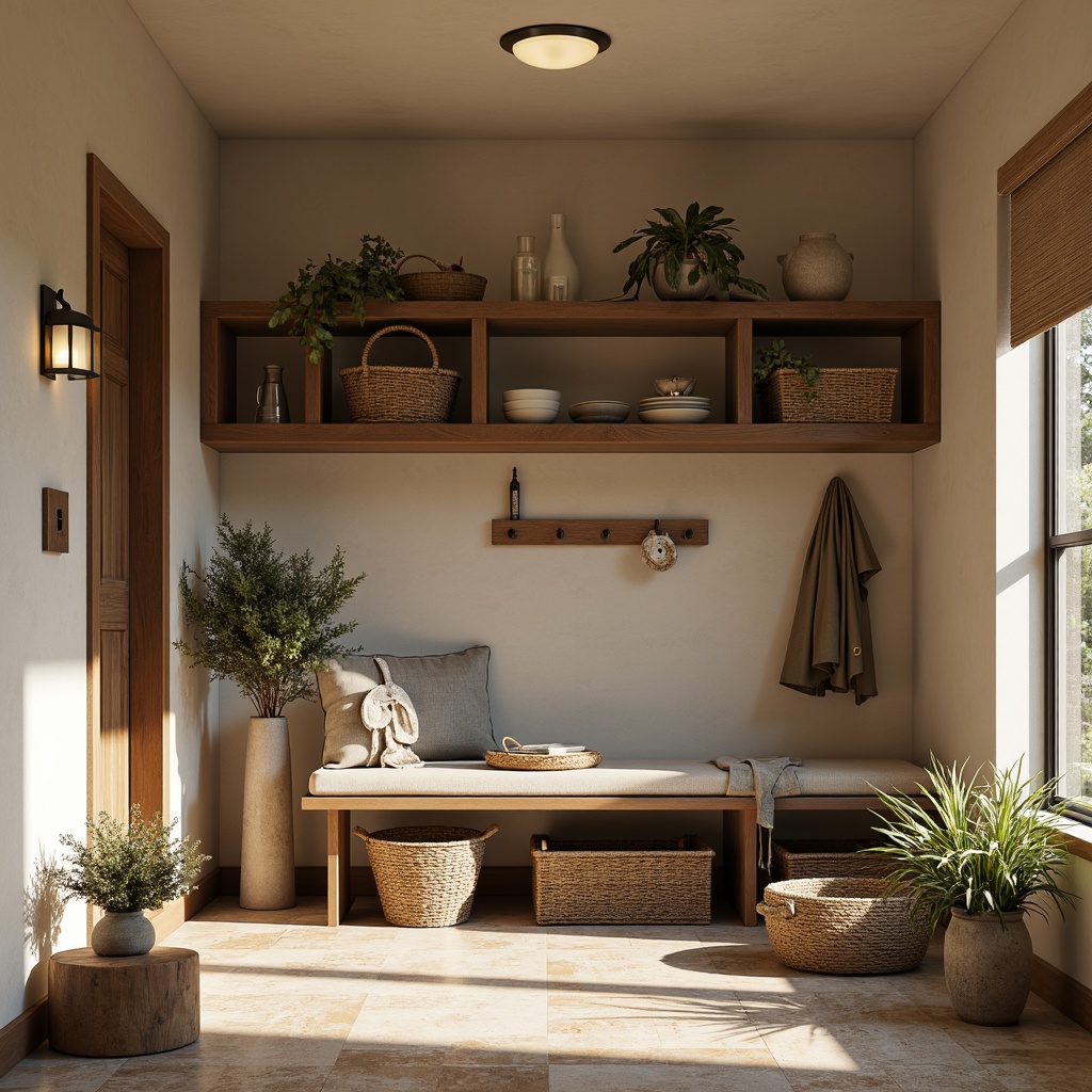 Prompt: Cozy mudroom, earthy tones, warm beige walls, rich brown wood accents, natural stone flooring, comfortable bench seating, rustic metal hooks, woven baskets, soft overhead lighting, calming atmosphere, serene color scheme, nature-inspired hues, muted greenery, blooming flowers, vintage decorative elements, distressed finishes, warm textiles, inviting ambiance.