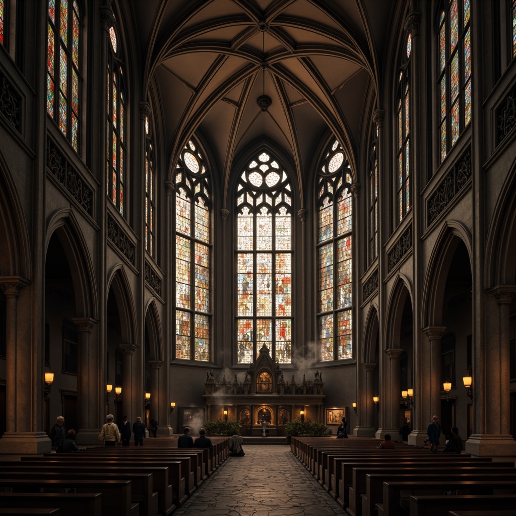 Prompt: Intricate Gothic windows, pointed arches, ribbed vaults, ornate stone carvings, stained glass patterns, mystical ambiance, dim warm lighting, rich wood tones, medieval-inspired architecture, grandeur scale, imposing verticality, dramatic shadows, atmospheric fog, misty morning light, symmetrical composition, 1/2 perspective, high-contrast rendering.